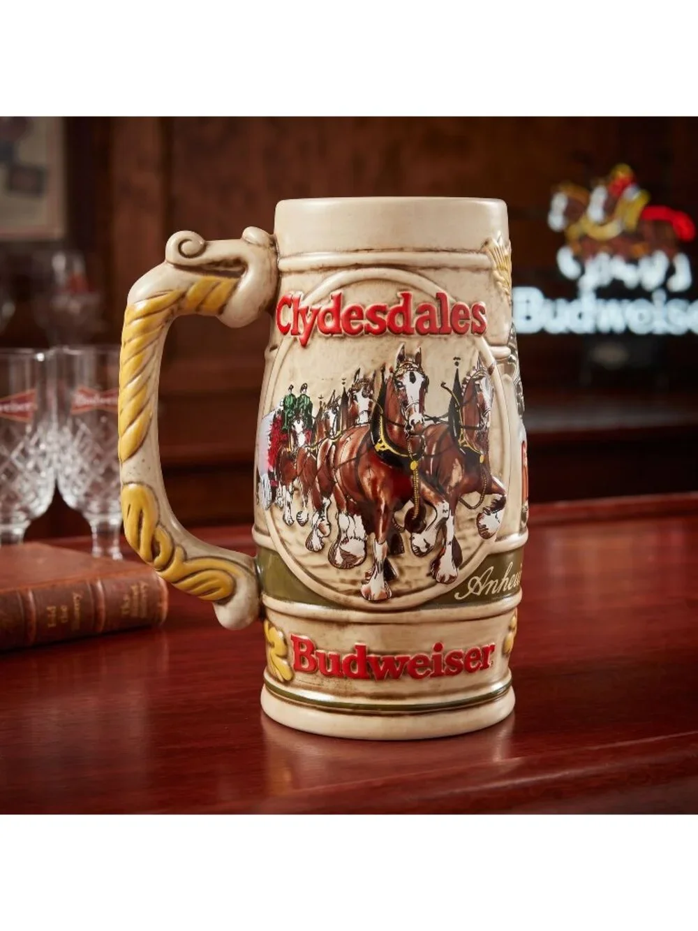 Vintage Budweiser Clydesdales Beer Stein, Ceramarte Brazil, Relief Tankard, 6.5